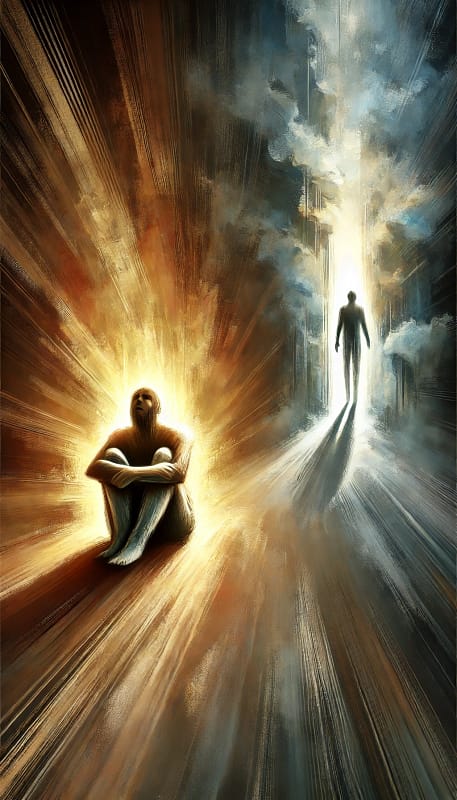 Image illustrant à gauche un individu recroquevillé, en proie à l'anxiété et à droite le même individu debout, se dirigeant vers un environnement plus apaisé.