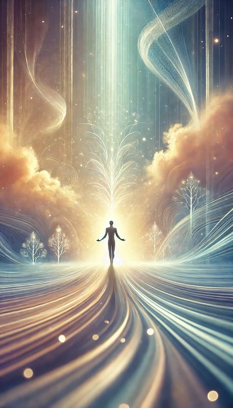Image illustrant un individu debout, au centre d'un flux d'énergie palpable.